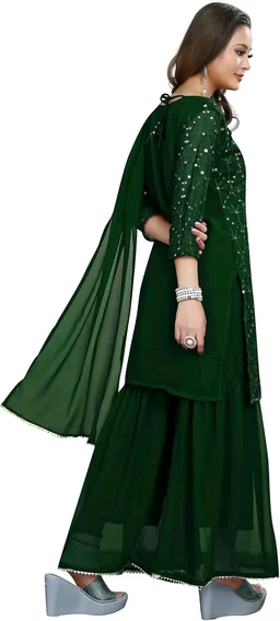 Women's Georgette Sequence Party Festival Wear Full Sleeve Latest Stitched Kurta Sharara and Duppata Set - Japanese Laurel, M