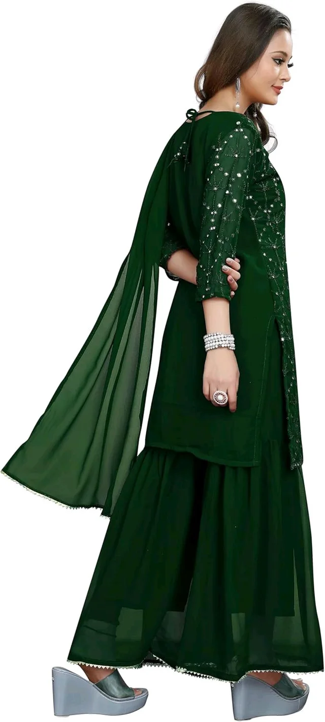 Women's Georgette Sequence Party Festival Wear Full Sleeve Latest Stitched Kurta Sharara and Duppata Set - Japanese Laurel, M