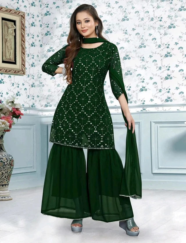 Women's Georgette Sequence Party Festival Wear Full Sleeve Latest Stitched Kurta Sharara and Duppata Set - Japanese Laurel, M