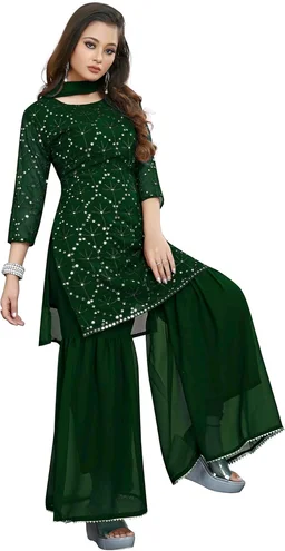Women's Georgette Sequence Party Festival Wear Full Sleeve Latest Stitched Kurta Sharara and Duppata Set - Japanese Laurel, 4XL