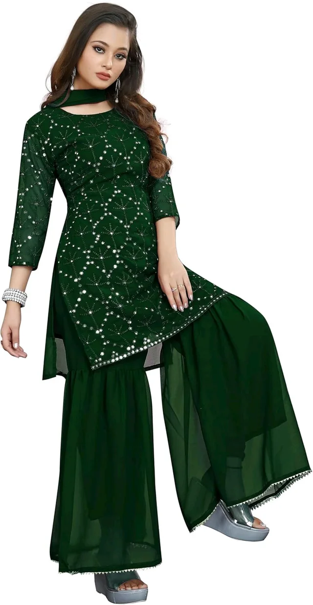 Women's Georgette Sequence Party Festival Wear Full Sleeve Latest Stitched Kurta Sharara and Duppata Set - Japanese Laurel, 4XL
