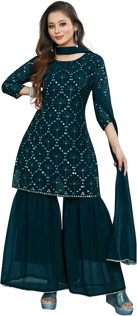 Women's Georgette Sequence Party Festival Wear Full Sleeve Latest Stitched Kurta Sharara and Duppata Set - Blue Dianne, L