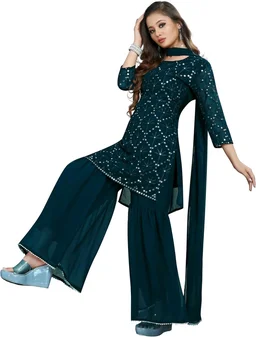 Women's Georgette Sequence Party Festival Wear Full Sleeve Latest Stitched Kurta Sharara and Duppata Set - Blue Dianne, L