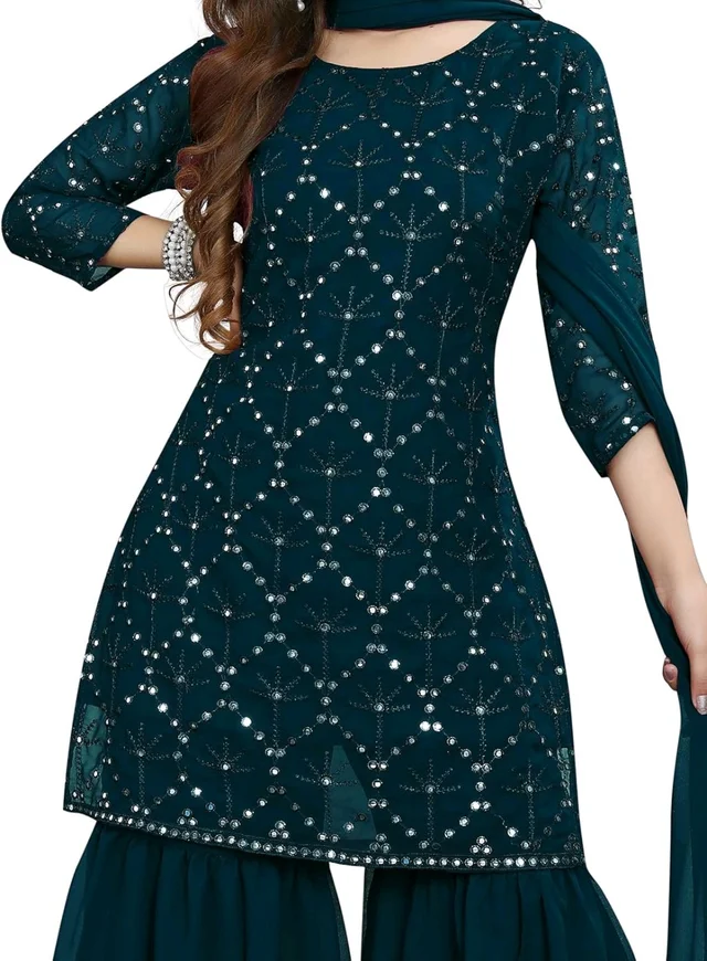 Women's Georgette Sequence Party Festival Wear Full Sleeve Latest Stitched Kurta Sharara and Duppata Set - Blue Dianne, L