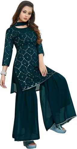 Women's Georgette Sequence Party Festival Wear Full Sleeve Latest Stitched Kurta Sharara and Duppata Set - Blue Dianne, M