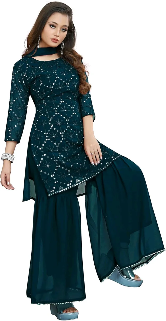 Women's Georgette Sequence Party Festival Wear Full Sleeve Latest Stitched Kurta Sharara and Duppata Set - Blue Dianne, M