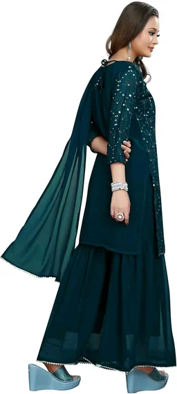 Women's Georgette Sequence Party Festival Wear Full Sleeve Latest Stitched Kurta Sharara and Duppata Set - Blue Dianne, M