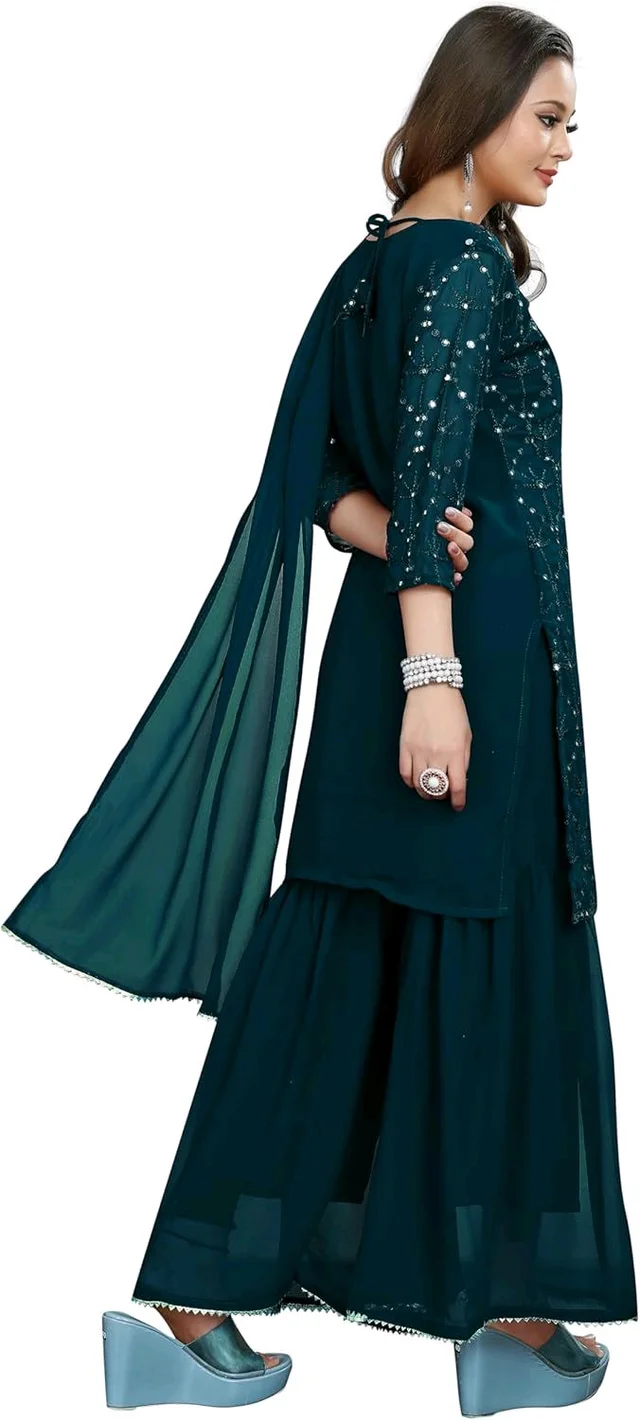 Women's Georgette Sequence Party Festival Wear Full Sleeve Latest Stitched Kurta Sharara and Duppata Set - Blue Dianne, M
