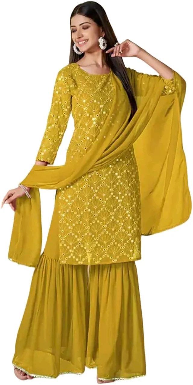 Women's Georgette Sequence Party Festival Wear Full Sleeve Latest Stitched Kurta Sharara and Duppata Set - Pizza, 4XL