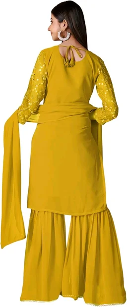Women's Georgette Sequence Party Festival Wear Full Sleeve Latest Stitched Kurta Sharara and Duppata Set - Pizza, 4XL