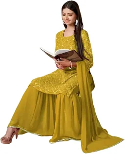 Women's Georgette Sequence Party Festival Wear Full Sleeve Latest Stitched Kurta Sharara and Duppata Set - Pizza, 4XL