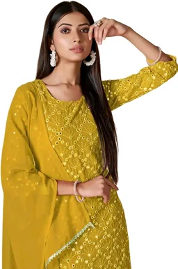 Women's Georgette Sequence Party Festival Wear Full Sleeve Latest Stitched Kurta Sharara and Duppata Set - Pizza, 4XL