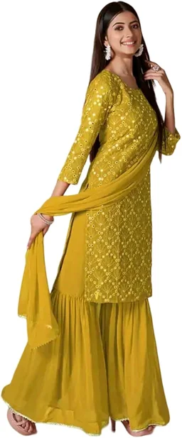 Women's Georgette Sequence Party Festival Wear Full Sleeve Latest Stitched Kurta Sharara and Duppata Set - Pizza, 4XL