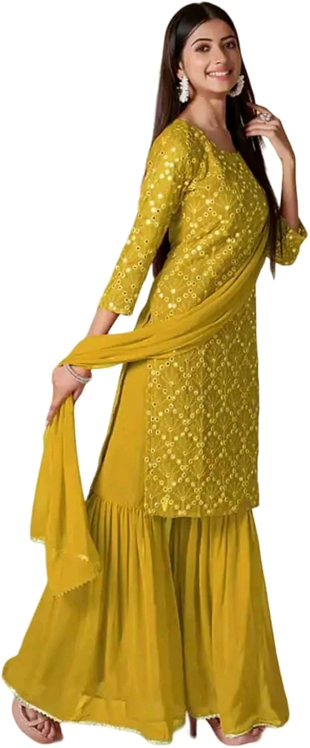 Women's Georgette Sequence Party Festival Wear Full Sleeve Latest Stitched Kurta Sharara and Duppata Set - Pizza, 4XL