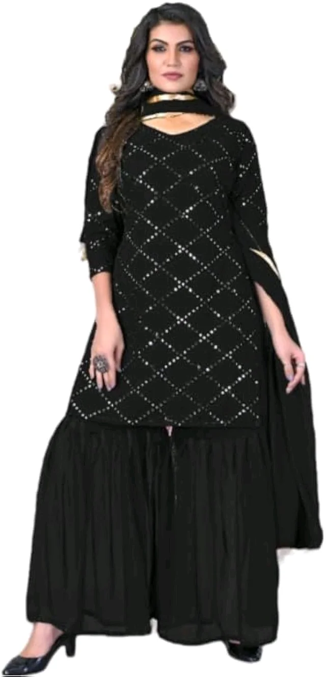 Women's Georgette Sequence Party Festival Wear Full Sleeve Latest Stitched Kurta Sharara and Duppata Set - Black, S
