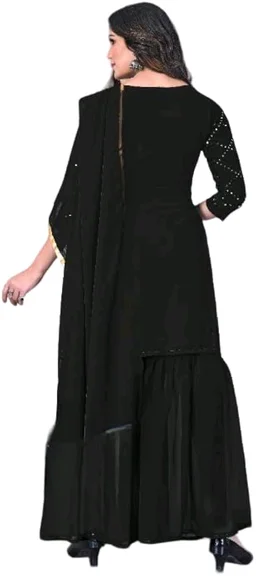 Women's Georgette Sequence Party Festival Wear Full Sleeve Latest Stitched Kurta Sharara and Duppata Set - Black, S