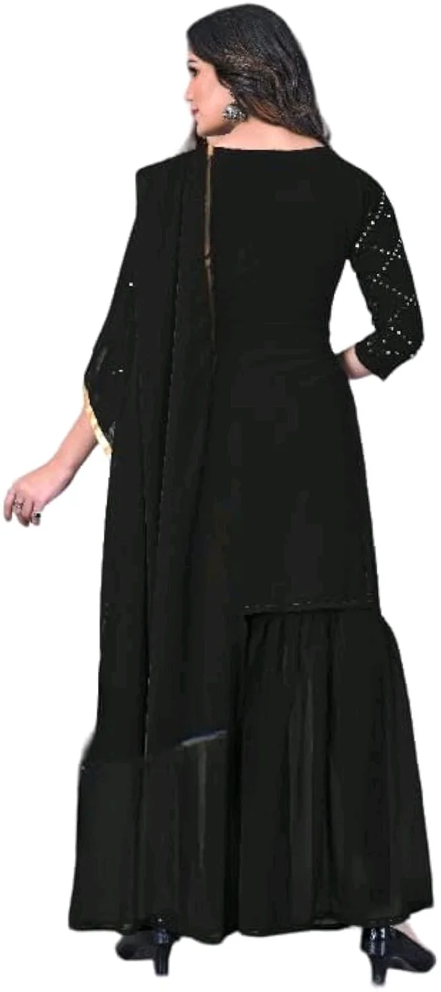 Women's Georgette Sequence Party Festival Wear Full Sleeve Latest Stitched Kurta Sharara and Duppata Set - Black, XXL