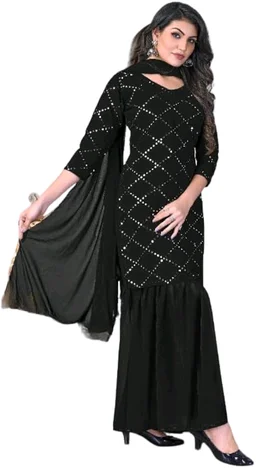 Women's Georgette Sequence Party Festival Wear Full Sleeve Latest Stitched Kurta Sharara and Duppata Set - Black, 4XL