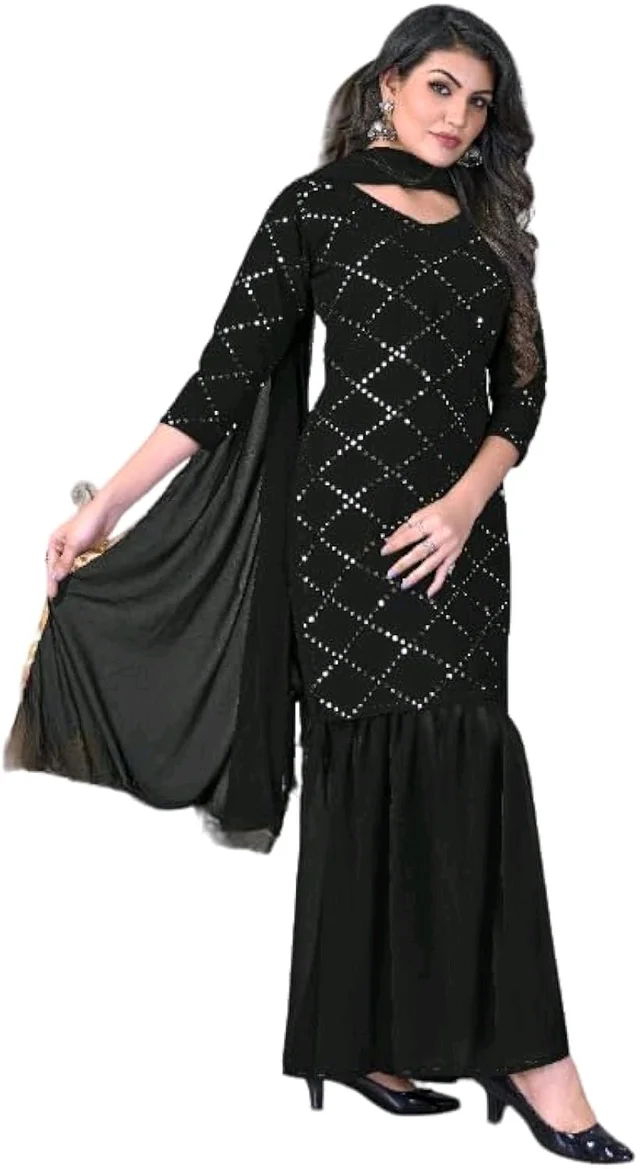 Women's Georgette Sequence Party Festival Wear Full Sleeve Latest Stitched Kurta Sharara and Duppata Set - Black, 4XL