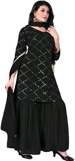 Women's Georgette Sequence Party Festival Wear Full Sleeve Latest Stitched Kurta Sharara and Duppata Set - Black, 4XL