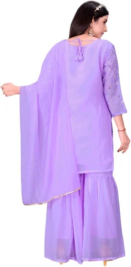 Women's Georgette Sequence Party Festival Wear Full Sleeve Latest Stitched Kurta Sharara and Duppata Set - LAVANDER, L