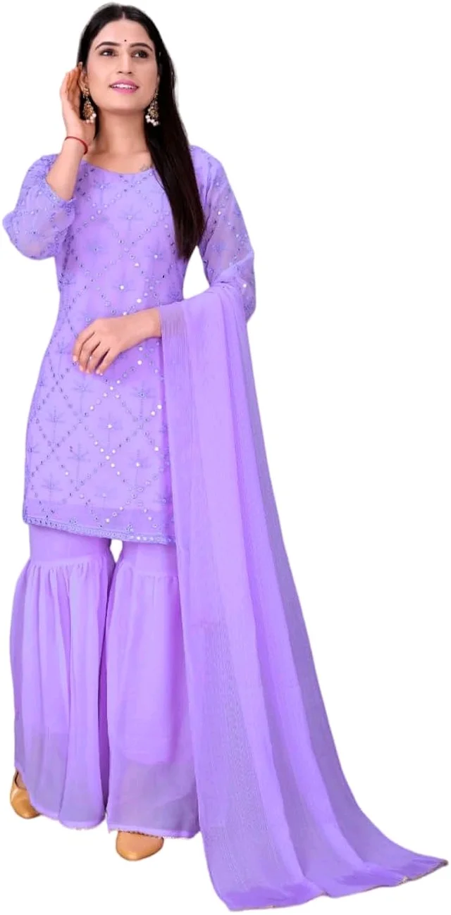 Women's Georgette Sequence Party Festival Wear Full Sleeve Latest Stitched Kurta Sharara and Duppata Set - LAVANDER, XL