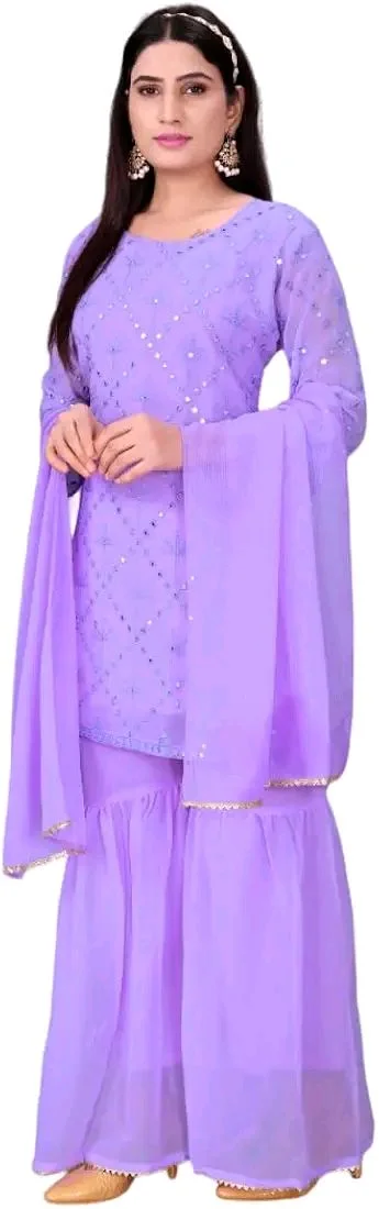 Women's Georgette Sequence Party Festival Wear Full Sleeve Latest Stitched Kurta Sharara and Duppata Set - LAVANDER, XL