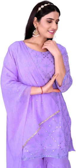 Women's Georgette Sequence Party Festival Wear Full Sleeve Latest Stitched Kurta Sharara and Duppata Set - LAVANDER, XL