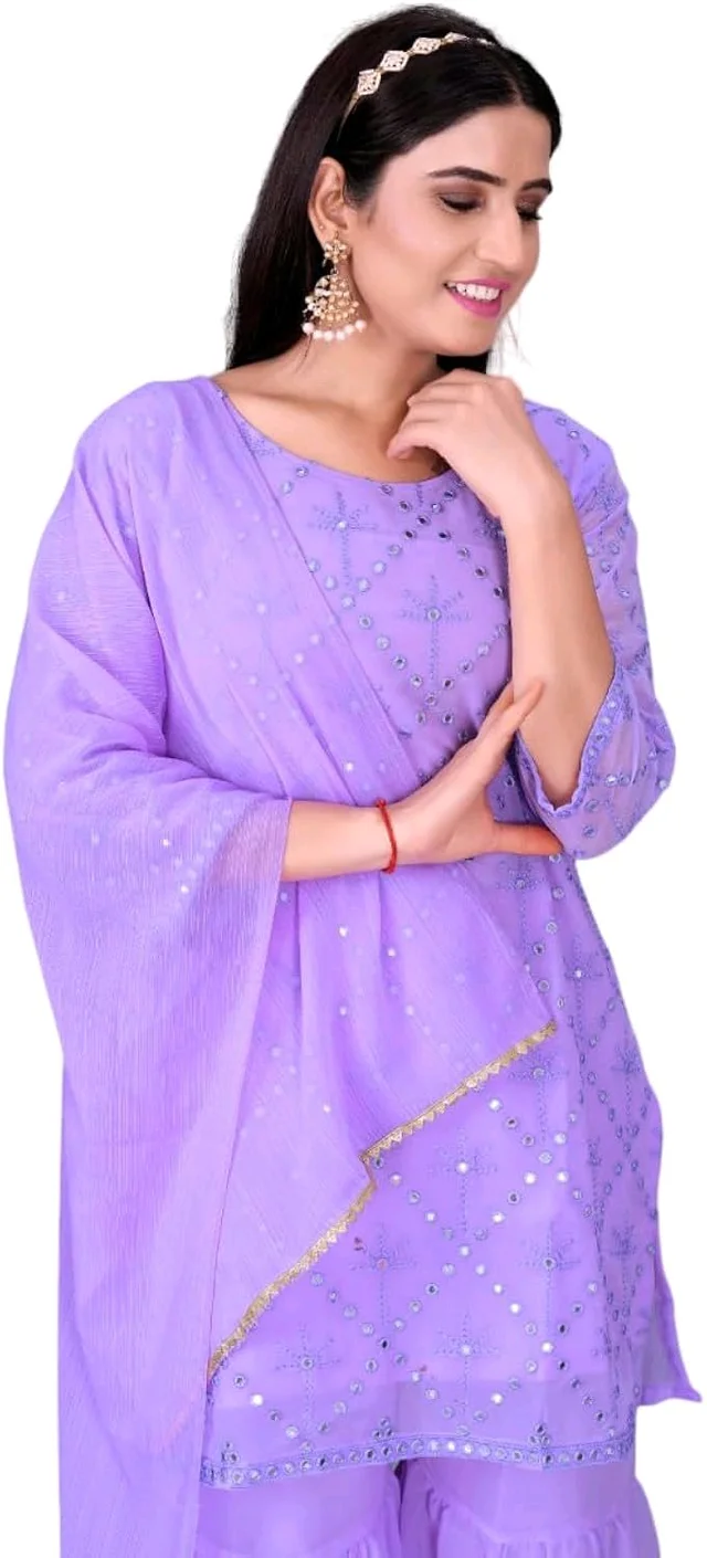 Women's Georgette Sequence Party Festival Wear Full Sleeve Latest Stitched Kurta Sharara and Duppata Set - LAVANDER, XL