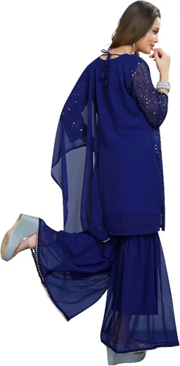 Women's Georgette Sequence Party Festival Wear Full Sleeve Latest Stitched Kurta Sharara and Duppata Set - NEVY BLUE, XL