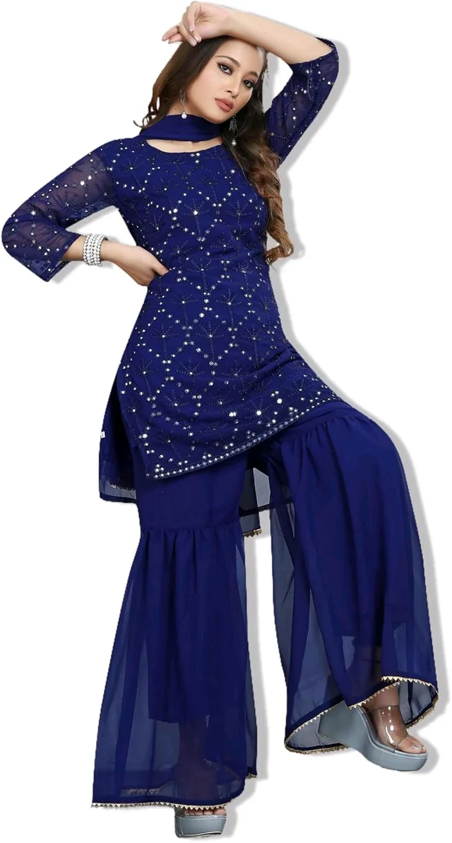 Women's Georgette Sequence Party Festival Wear Full Sleeve Latest Stitched Kurta Sharara and Duppata Set - NEVY BLUE, XL