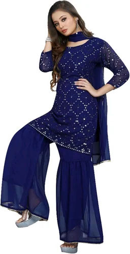 Women's Georgette Sequence Party Festival Wear Full Sleeve Latest Stitched Kurta Sharara and Duppata Set - NEVY BLUE, XL
