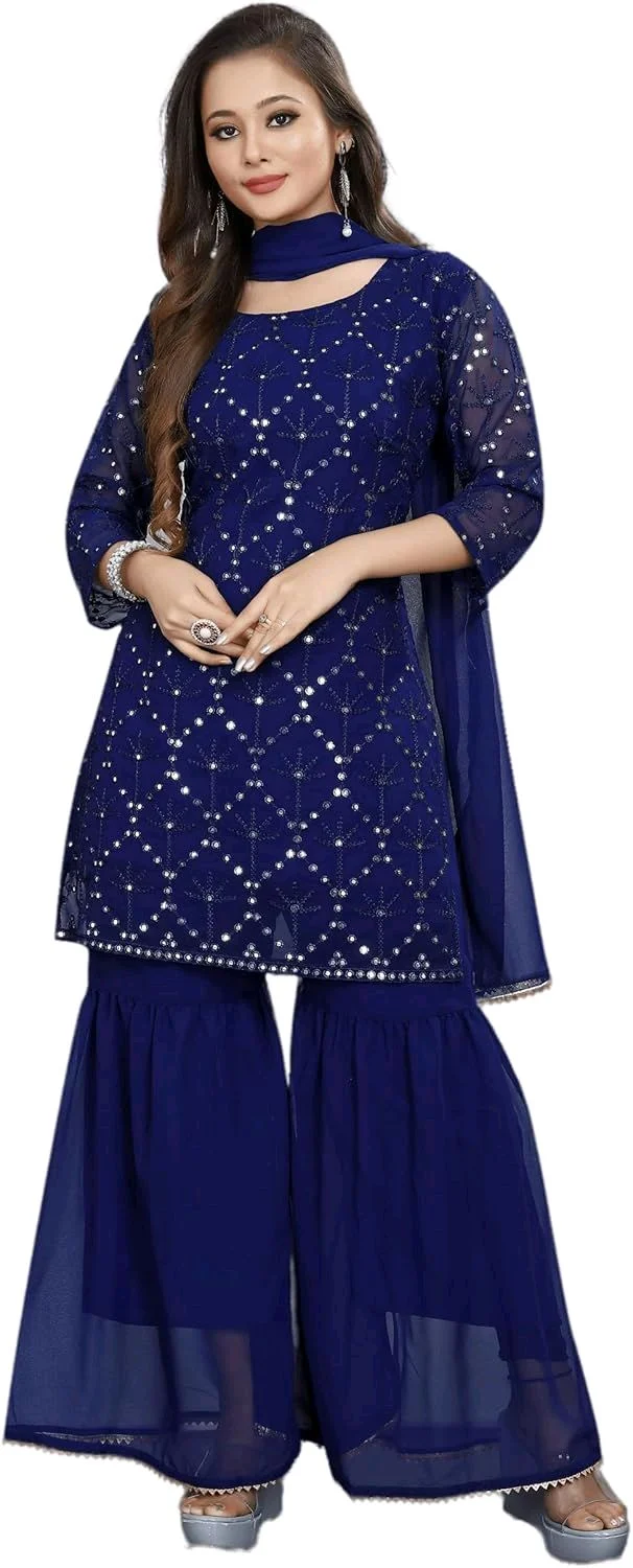Women's Georgette Sequence Party Festival Wear Full Sleeve Latest Stitched Kurta Sharara and Duppata Set - NEVY BLUE, XXL