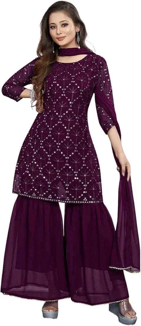 Women's Georgette Sequence Party Festival Wear Full Sleeve Latest Stitched Kurta Sharara and Duppata Set - purple, XL