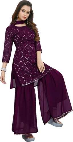 Women's Georgette Sequence Party Festival Wear Full Sleeve Latest Stitched Kurta Sharara and Duppata Set - purple, XL