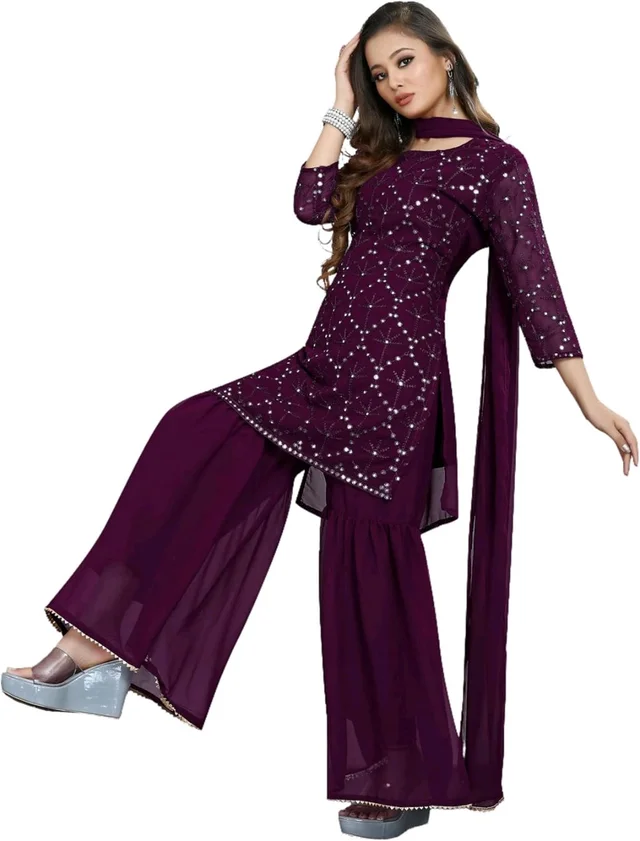 Women's Georgette Sequence Party Festival Wear Full Sleeve Latest Stitched Kurta Sharara and Duppata Set - purple, XL
