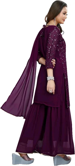 Women's Georgette Sequence Party Festival Wear Full Sleeve Latest Stitched Kurta Sharara and Duppata Set - purple, XL