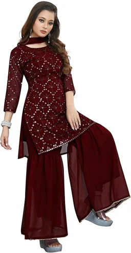 Women's Georgette Sequence Party Festival Wear Full Sleeve Latest Stitched Kurta Sharara and Duppata Set - Maroon, M
