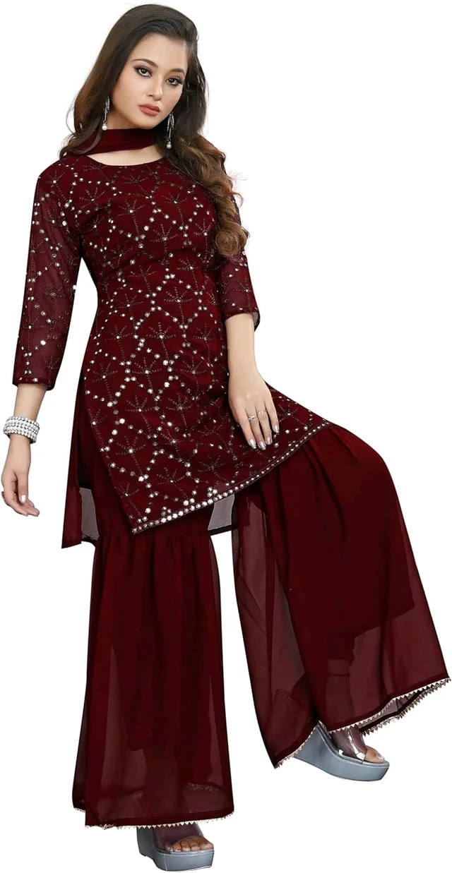 Women's Georgette Sequence Party Festival Wear Full Sleeve Latest Stitched Kurta Sharara and Duppata Set - Maroon, M