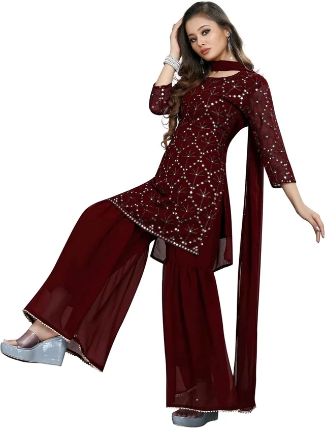 Women's Georgette Sequence Party Festival Wear Full Sleeve Latest Stitched Kurta Sharara and Duppata Set - Maroon, S
