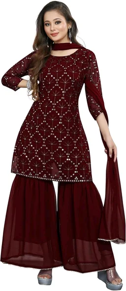 Women's Georgette Sequence Party Festival Wear Full Sleeve Latest Stitched Kurta Sharara and Duppata Set - Maroon, 3XL