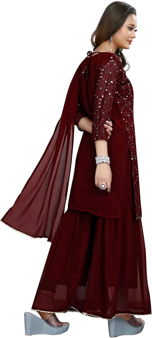 Women's Georgette Sequence Party Festival Wear Full Sleeve Latest Stitched Kurta Sharara and Duppata Set - Maroon, 3XL