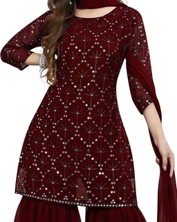 Women's Georgette Sequence Party Festival Wear Full Sleeve Latest Stitched Kurta Sharara and Duppata Set - Maroon, 3XL