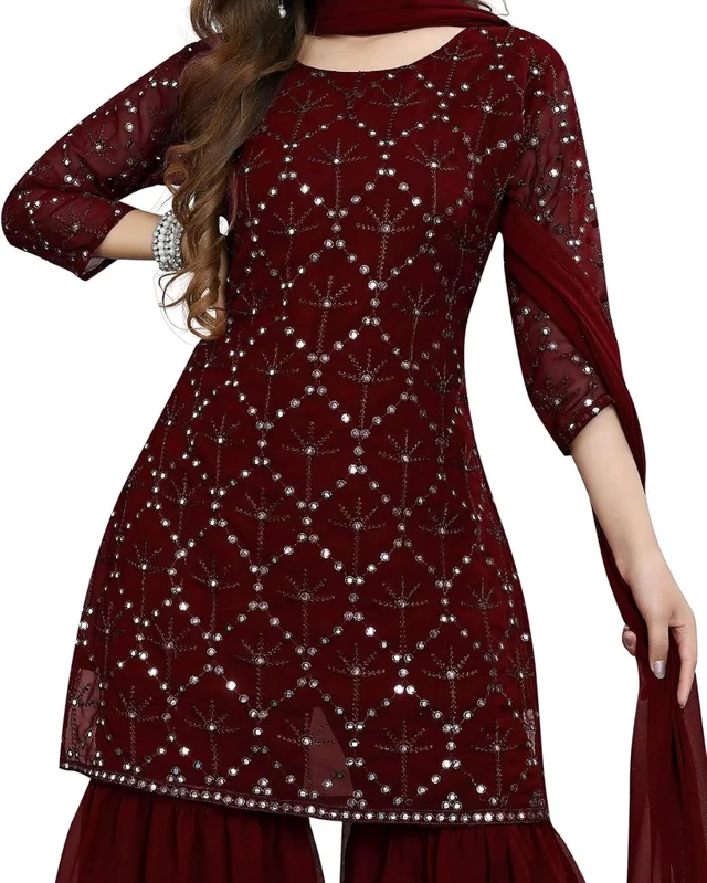 Women's Georgette Sequence Party Festival Wear Full Sleeve Latest Stitched Kurta Sharara and Duppata Set - Maroon, 3XL