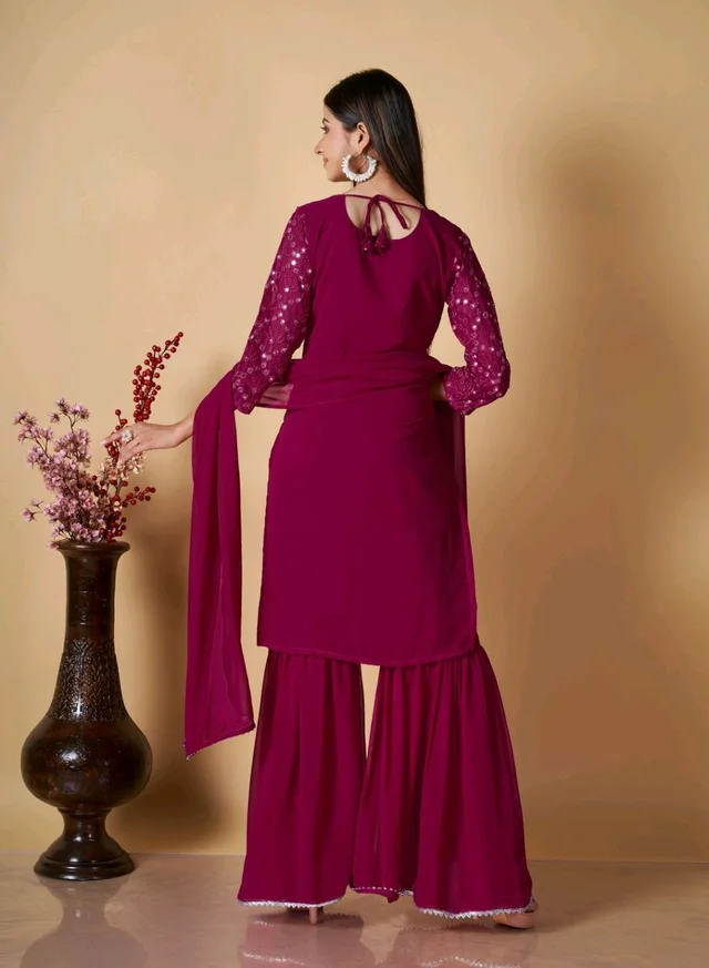 Women's Georgette Sequence Party Festival Wear Full Sleeve Latest Stitched Kurta Sharara and Duppata Set - Siren, XL