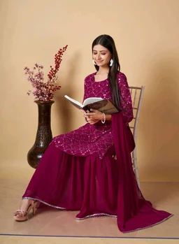 Women's Georgette Sequence Party Festival Wear Full Sleeve Latest Stitched Kurta Sharara and Duppata Set - Siren, XL
