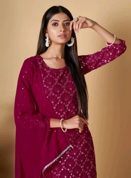 Women's Georgette Sequence Party Festival Wear Full Sleeve Latest Stitched Kurta Sharara and Duppata Set - Siren, XL