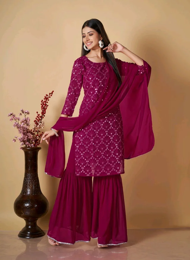 Women's Georgette Sequence Party Festival Wear Full Sleeve Latest Stitched Kurta Sharara and Duppata Set - Siren, 4XL