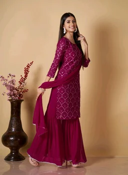 Women's Georgette Sequence Party Festival Wear Full Sleeve Latest Stitched Kurta Sharara and Duppata Set - Siren, 4XL