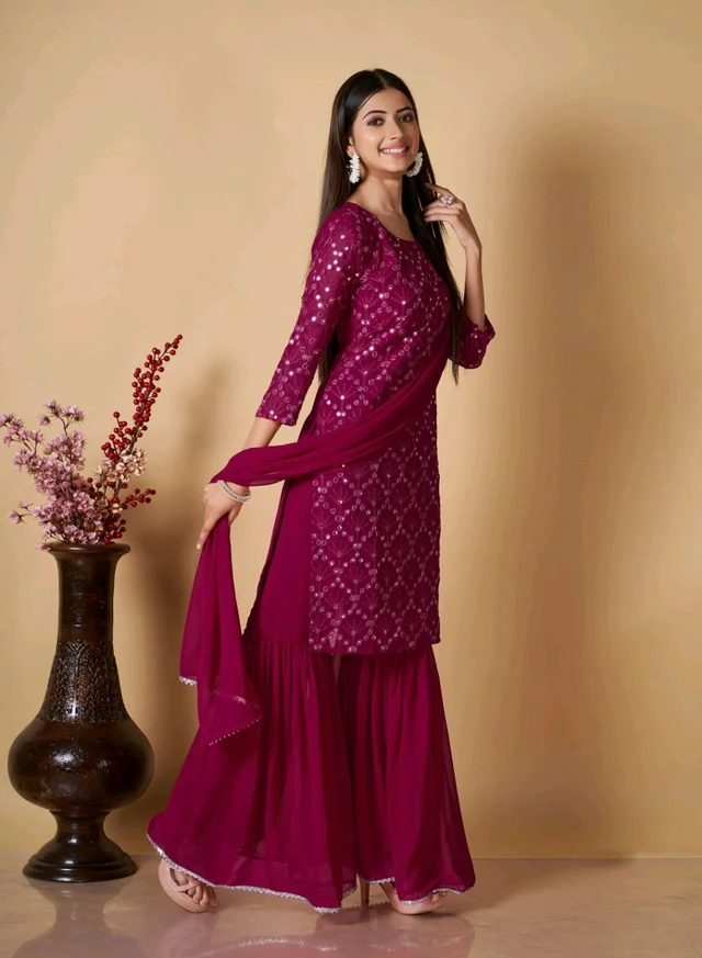 Women's Georgette Sequence Party Festival Wear Full Sleeve Latest Stitched Kurta Sharara and Duppata Set - Siren, 4XL